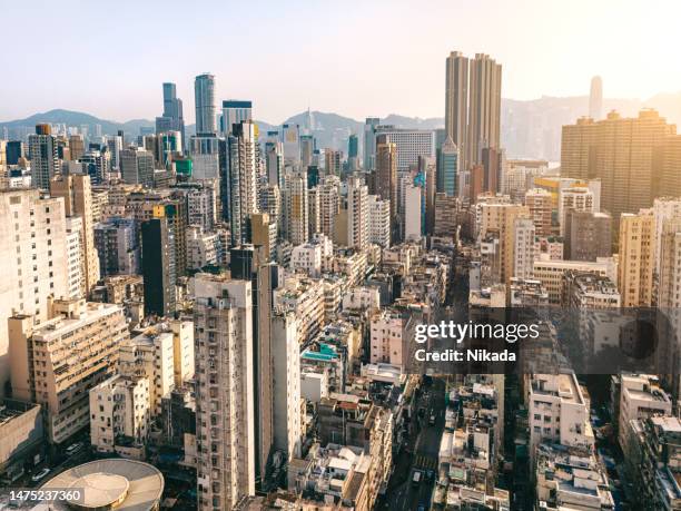 aerial view of skyscraper buildings in hong kong, top view - mong kok imagens e fotografias de stock