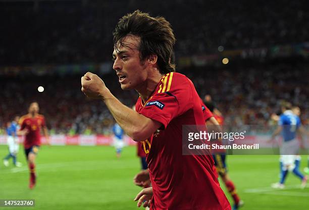 David Silva of Spain celebrates after scoring the opening goal during the UEFA EURO 2012 final match between Spain and Italy at the Olympic Stadium...