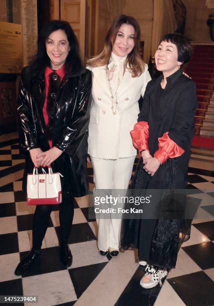 Sylvana Lorenz, Eva Benhamou and Ken Okada attend the "Ken Okada Show" at Mairie du 7eme on March 21, 2023 in Paris, France.
