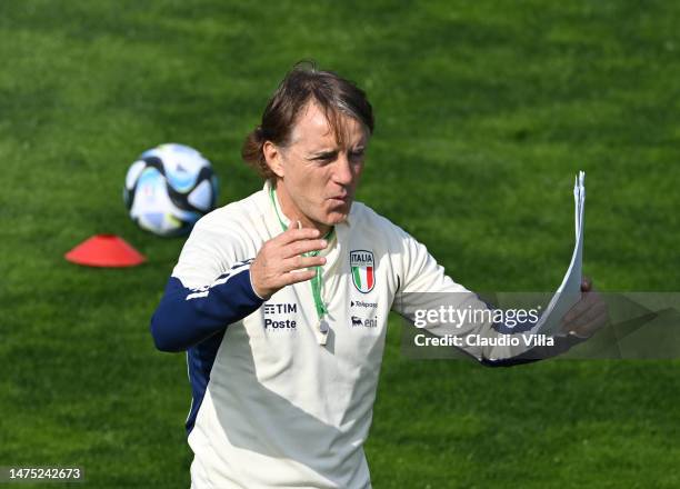 Head coach Italy Roberto Mancini reacts during a Italy training session at Centro Tecnico Federale di Coverciano on March 22, 2023 in Florence, Italy.