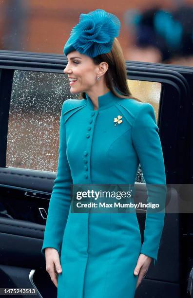 Catherine, Princess of Wales attends the 2023 St. Patrick's Day Parade at Mons Barracks on March 17, 2023 in Aldershot, England. This years' parade...