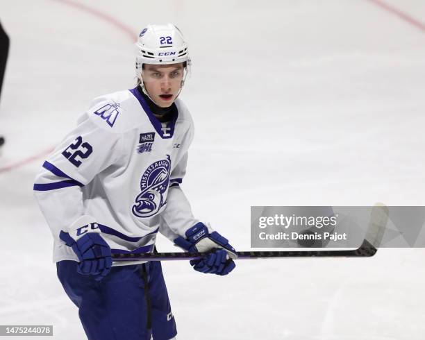 Defenceman Kasper Larsen of the Mississauga Steelheads skates against the Windsor Spitfires at WFCU Centre on February 18, 2023 in Windsor, Ontario.