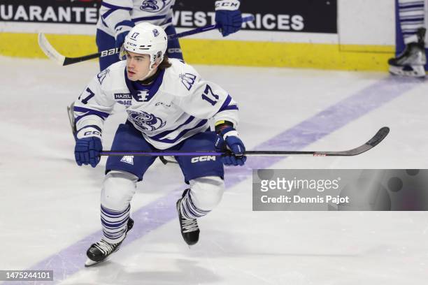 Forward Angus MacDonell of the Mississauga Steelheads skates against the Windsor Spitfires at WFCU Centre on February 18, 2023 in Windsor, Ontario.