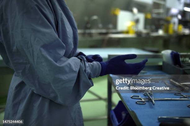 a pathologist prepares for an autopsy - autopsia fotografías e imágenes de stock