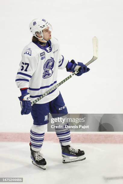 Forward Justin DeZoete of the Mississauga Steelheads skates against the Windsor Spitfires at WFCU Centre on February 18, 2023 in Windsor, Ontario.