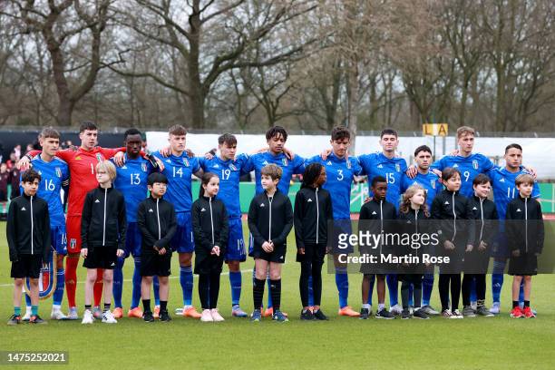 Italy U19 lines up during the national anthem prior to the UEFA European Under-19 Championship Malta 2023 qualifying match between Germany and Italy...