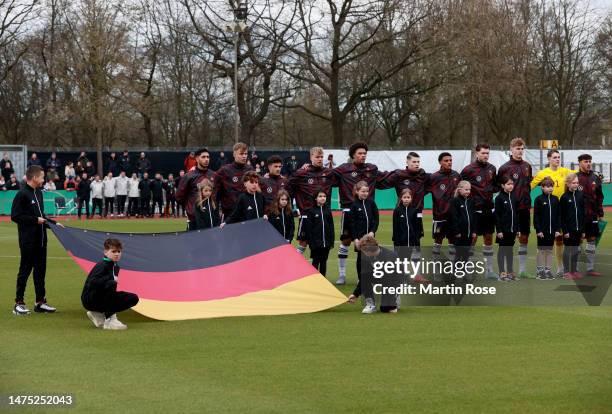 GermanyU19 lines up during the national anthem prior to the UEFA European Under-19 Championship Malta 2023 qualifying match between Germany and Italy...