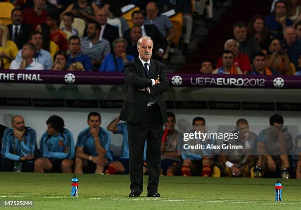 Head Coach Vicente del Bosque of Spain watches the action from his technical area during the UEFA EURO 2012 final match between Spain and Italy at...