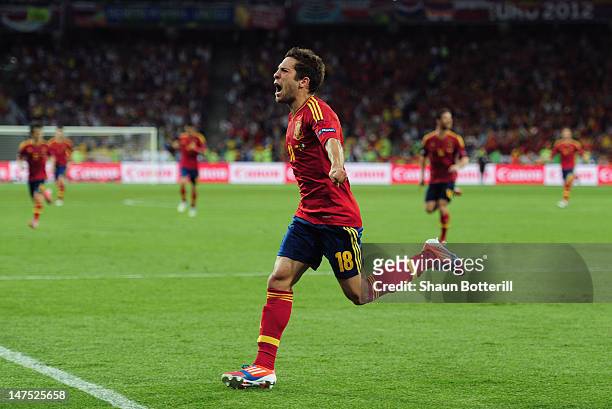 Jordi Alba of Spain celebrates scoring their second goal during the UEFA EURO 2012 final match between Spain and Italy at the Olympic Stadium on July...