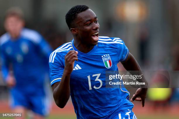 Michael Olabode Kayode of Italy U19 celebrates after his team mate Niccolò Pisilli of Italy U19 scored his teams first goal during the UEFA European...