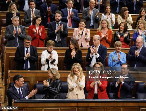 The PSOE bench applauds the President of the Government, Pedro Sanchez , during the second session of the motion of censure, at the Congress of...