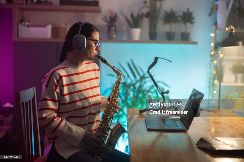 Saxophonist practicing