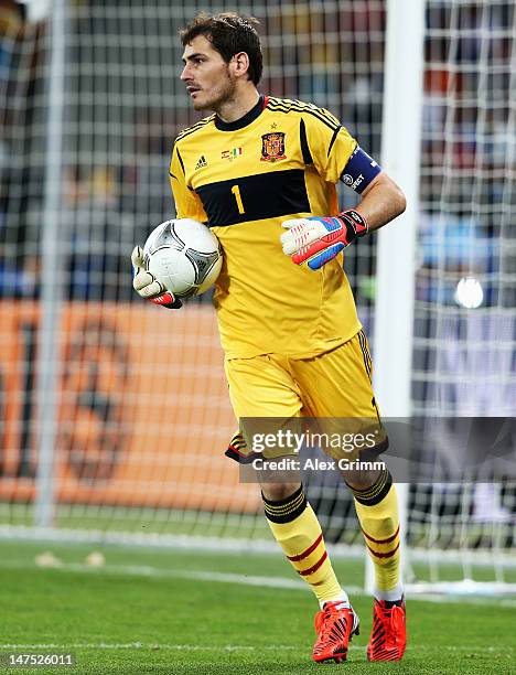 Iker Casillas of Spain in action during the UEFA EURO 2012 final match between Spain and Italy at the Olympic Stadium on July 1, 2012 in Kiev,...