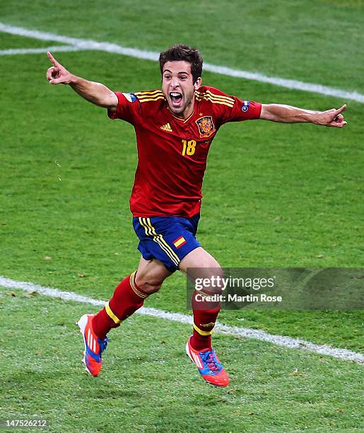 Jordi Alba of Spain celebrates after scoring his team's second goal during the UEFA EURO 2012 final match between Spain and Italy at the Olympic...