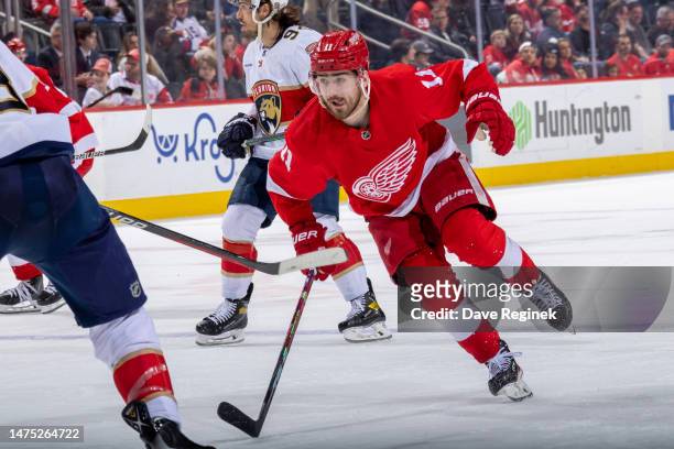 Filip Zadina of the Detroit Red Wings follows the play against the Florida Panthers during the third period of an NHL game at Little Caesars Arena on...