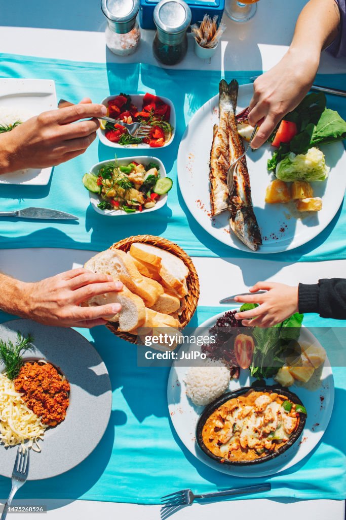 Top view of dinner table with fish, salad, bread, spaghetti and chicken