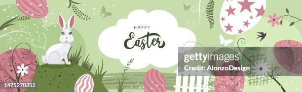 frohe ostern banner concept design. süßer osterhasen-charakter. - bottom stock-grafiken, -clipart, -cartoons und -symbole