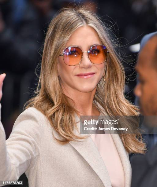 Jennifer Aniston leaves ABC's "Good Morning America" in Times Square on March 22, 2023 in New York City.