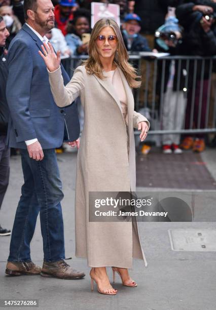 Jennifer Aniston leaves ABC's "Good Morning America" in Times Square on March 22, 2023 in New York City.