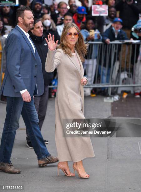 Jennifer Aniston leaves ABC's "Good Morning America" in Times Square on March 22, 2023 in New York City.