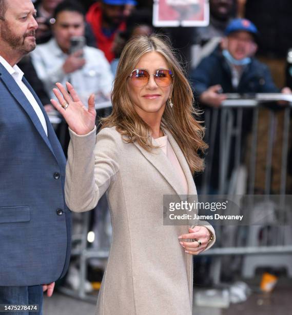 Jennifer Aniston leaves ABC's "Good Morning America" in Times Square on March 22, 2023 in New York City.