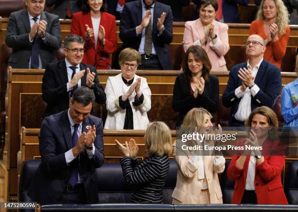 The PSOE bench applauds the President of the Government, Pedro Sanchez , during the second session of the motion of censure, at the Congress of...