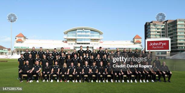 The Blaze 2023 and Nottinghamshire County Cricket Club squads pose during a media day held at Trent Bridge on March 22, 2023 in Nottingham, England.