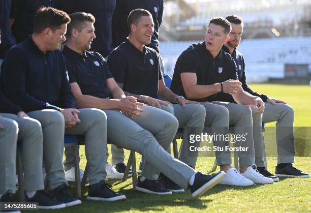 Durham and England fast bowler Matthew Potts shares a joke with Brydon Carse and Alex Lees during the photocall ahead of the 2023 season at Seat...