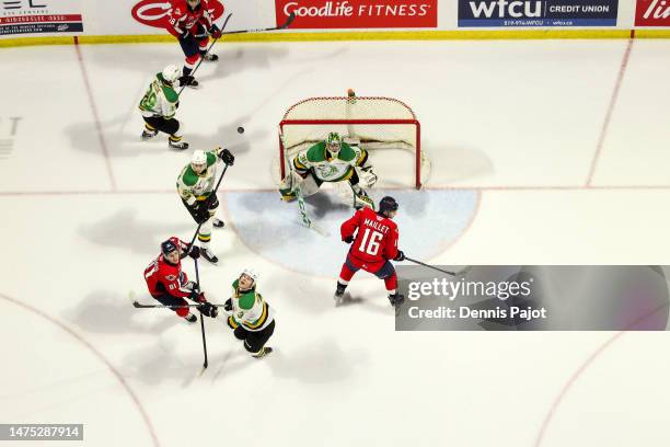 Forward Matthew Maggio of the Windsor Spitfires moves the puck against the London Knights at the WFCU Centre on March 2, 2023 in Windsor, Ontario,...