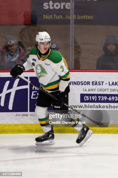 Defenceman Sam Dickinson of the London Knights skates against the Windsor Spitfires at the WFCU Centre on March 2, 2023 in Windsor, Ontario, Canada.