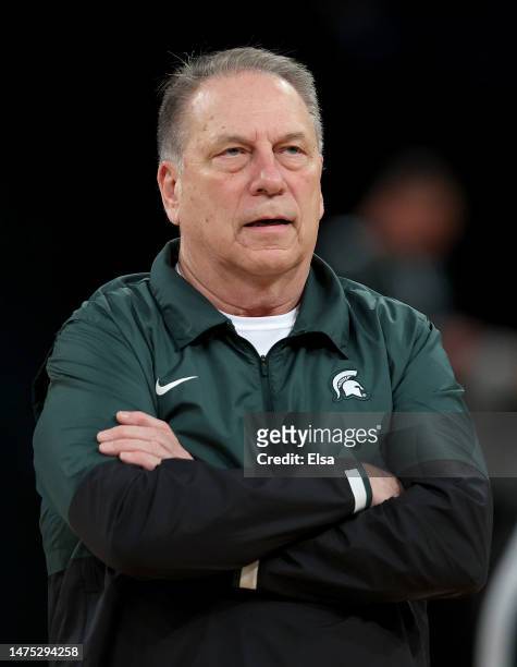 Head coach Tom Izzo of the Michigan State Spartans directs his team during a practice session for the NCAA Men's East Regional at Madison Square...