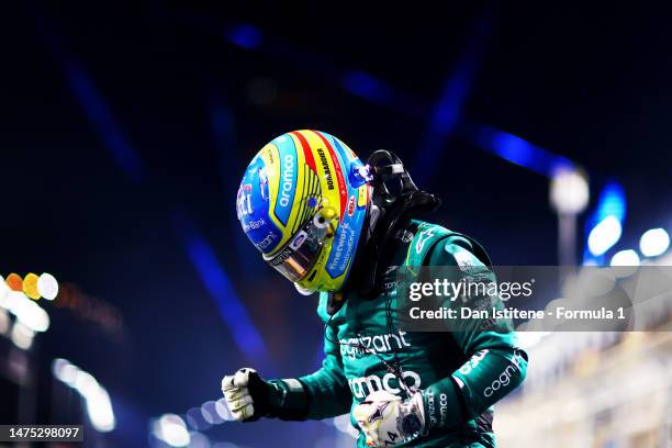 Third placed Fernando Alonso of Spain and Aston Martin F1 Team celebrates in parc ferme during the F1 Grand Prix of Saudi Arabia at Jeddah Corniche...