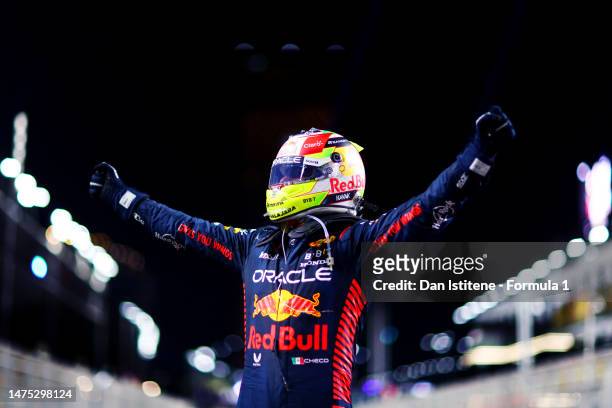 Race winner Sergio Perez of Mexico and Oracle Red Bull Racing celebrates in parc ferme during the F1 Grand Prix of Saudi Arabia at Jeddah Corniche...