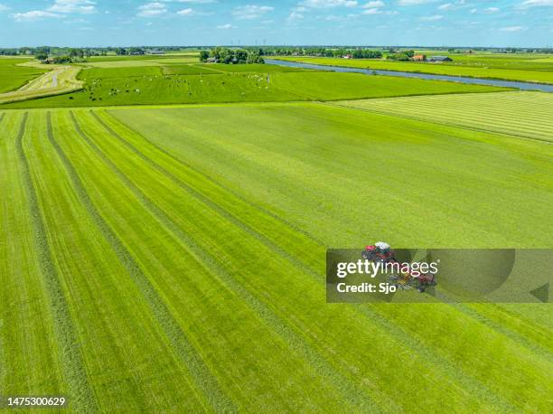 tractor pulling a rotary rake to collect hay from a grass meadow seen from above - ent stockfoto's en -beelden