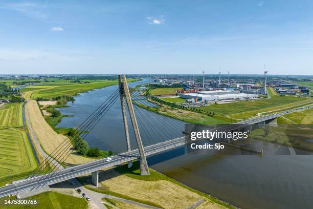 eilandbrug bridge in the n50 road over the river ijssel overhead drone view - kampen overijssel stock pictures, royalty-free photos & images