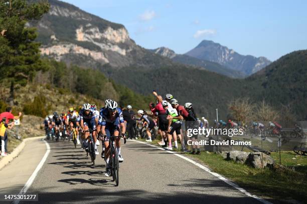 Pieter Serry of Belgium and Team Soudal Quick-Step leads the peloton while fans cheer during the 102nd Volta Ciclista a Catalunya 2023, Stage 3 a...