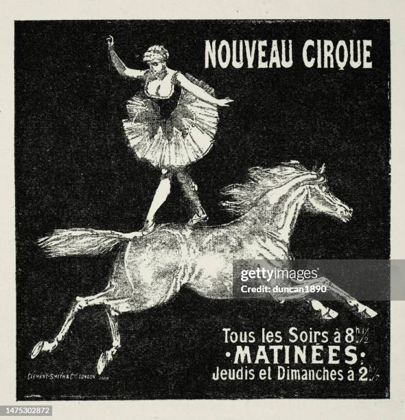 ilustraciones, imágenes clip art, dibujos animados e iconos de stock de cartel de circo vintage, mujer de acto ecuestre de pie sobre un caballo al galope, victoriano de 1890 - artista de circo