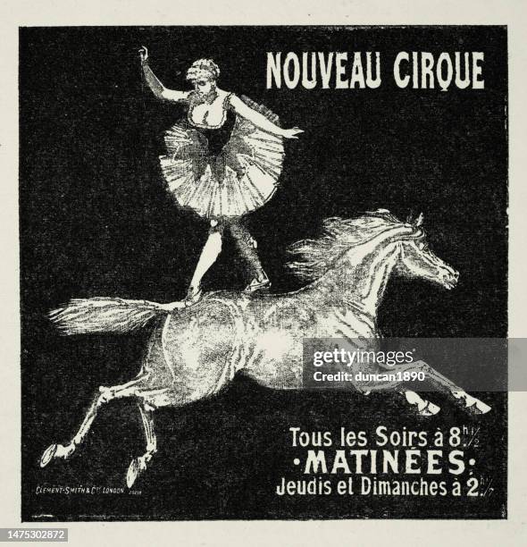 ilustraciones, imágenes clip art, dibujos animados e iconos de stock de cartel de circo vintage, mujer de acto ecuestre de pie sobre un caballo al galope, victoriano de 1890 - bailarinas de ballet dibujos