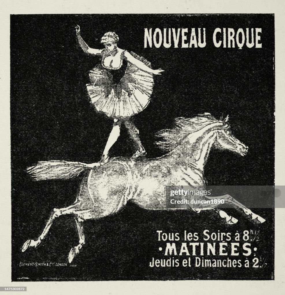 Vintage circus poster, equestrian act woman standing on back a galloping horse, Victorian 1890s