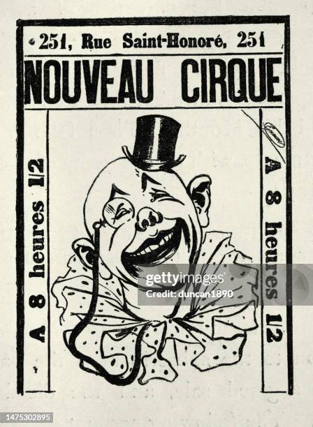 ilustrações de stock, clip art, desenhos animados e ícones de vintage circus poster, laughing clown wearing monocle and small top hat, nouveau cirque, victorian 1890s - circus poster