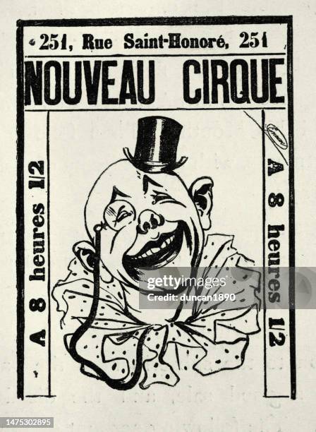 vintage circus poster, laughing clown wearing monocle and small top hat, nouveau cirque, victorian 1890s - old poster stock illustrations