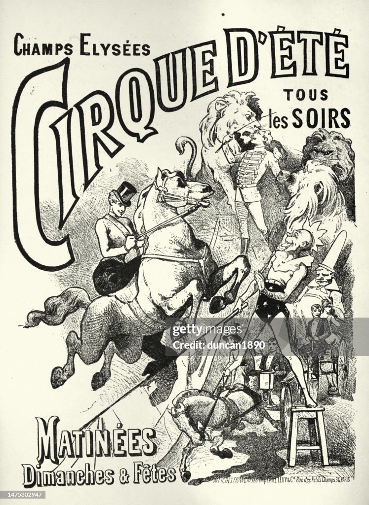 Vintage-Zirkusplakat, Löwenbändiger, Clowns, Reitnummern, Cirque D'Ete, viktorianische 1890er Jahre