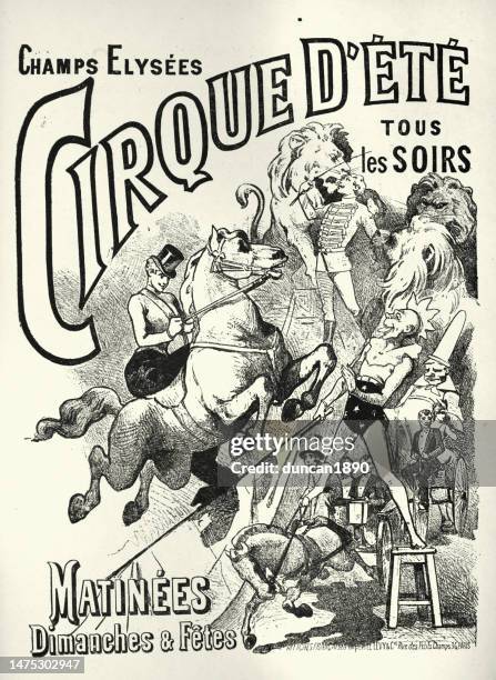 ilustrações de stock, clip art, desenhos animados e ícones de vintage circus poster, lion tamer, clowns,  equestrian acts, cirque d'ete, victorian 1890s - circo