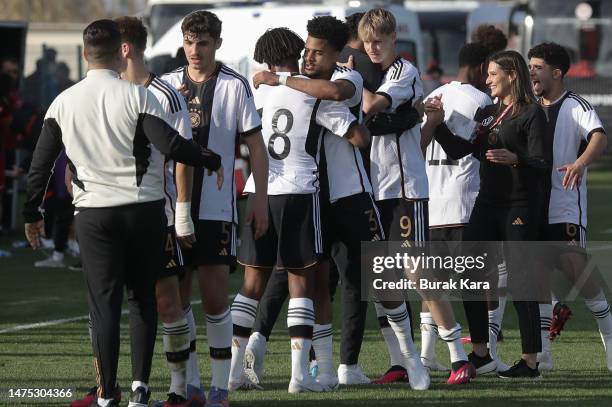 Germany team celebrates their win against U17 Turkiye in European U17 Championship match on March 22, 2023 in Manavgat, Turkey.