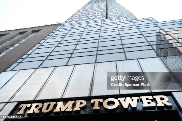 Trump Tower stands in Manhattan as the nation waits for the possibility of an indictment against former president Donald Trump by the Manhattan...