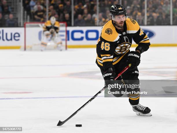 David Krejci of the Boston Bruins skates against the Ottawa Senators during the third period at the TD Garden on March 21, 2023 in Boston,...