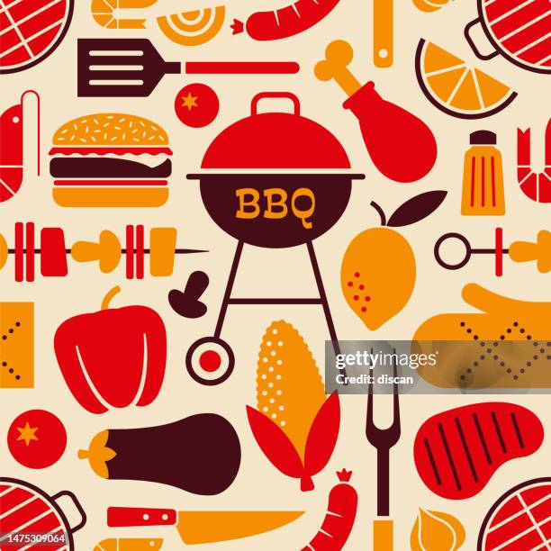 ilustrações de stock, clip art, desenhos animados e ícones de bbq elements seamless pattern. - hamburguer