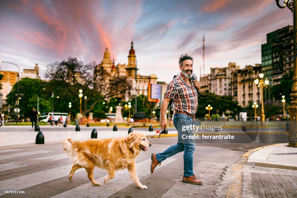 Mature man walking golden retriever in the city