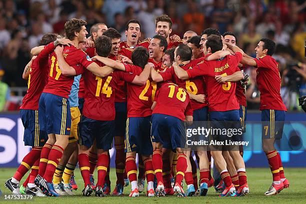 Spain celebrate their victory after the UEFA EURO 2012 final match between Spain and Italy at the Olympic Stadium on July 1, 2012 in Kiev, Ukraine.