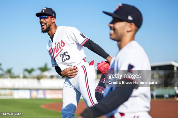 Byron Buxton of the Minnesota Twins looks on during a spring training game against the Tampa Bay Rays on March 21, 2023 at Hammond Stadium in Fort...